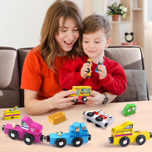 Helsort fire-truck city-train piece fuels action stories and hand-eye coordination.