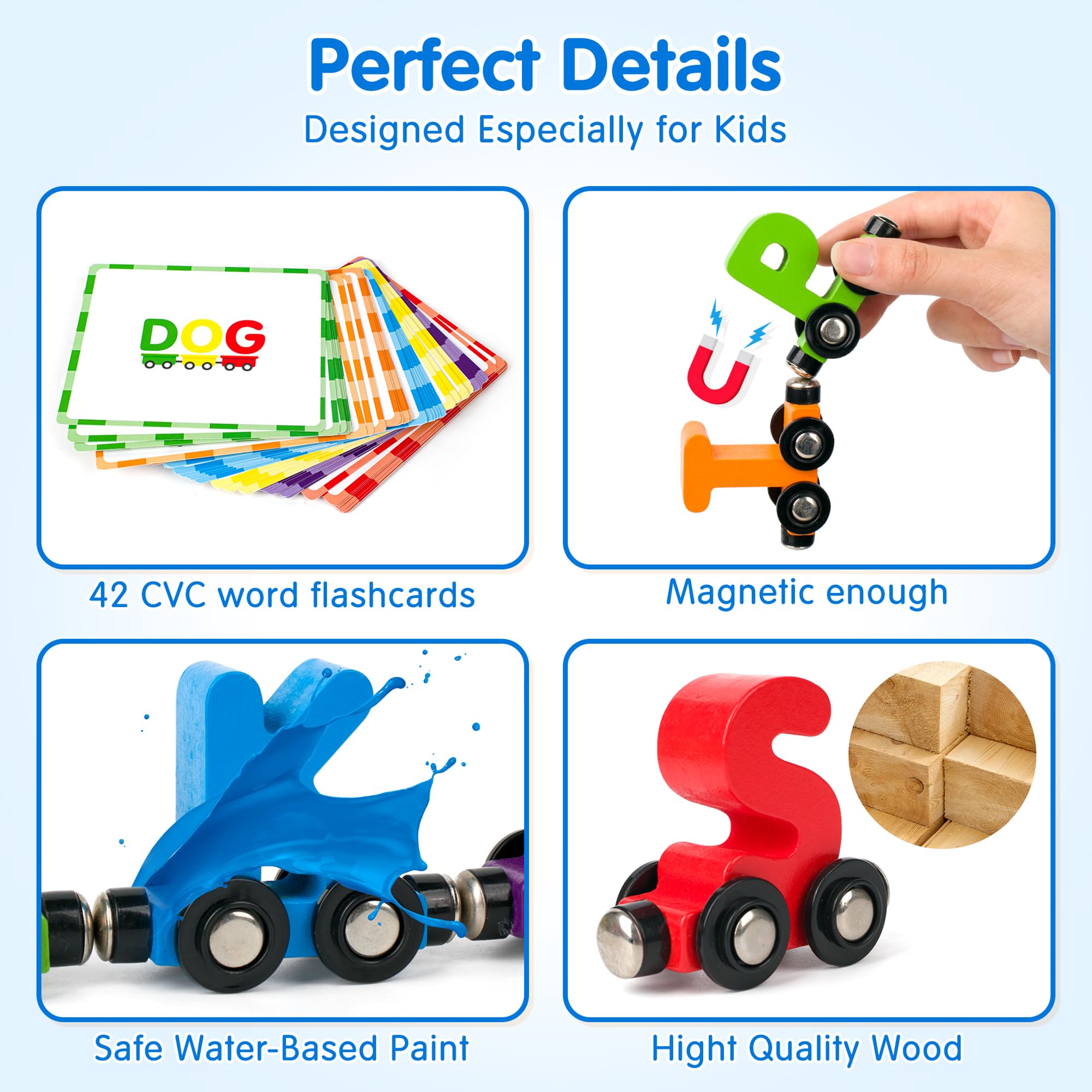Helsort Round-edge wooden trains ensure safe, durable play.