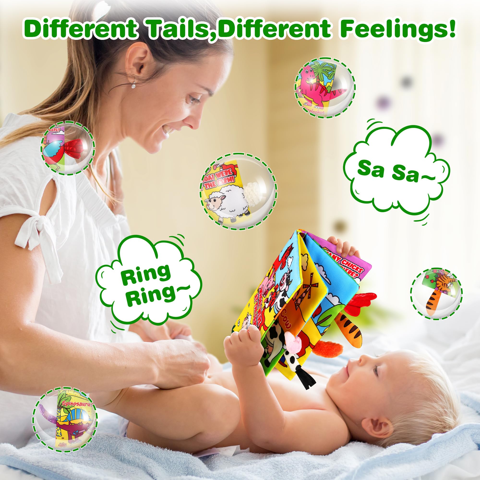 Helsort textured tails promote sensory play during tummy time.