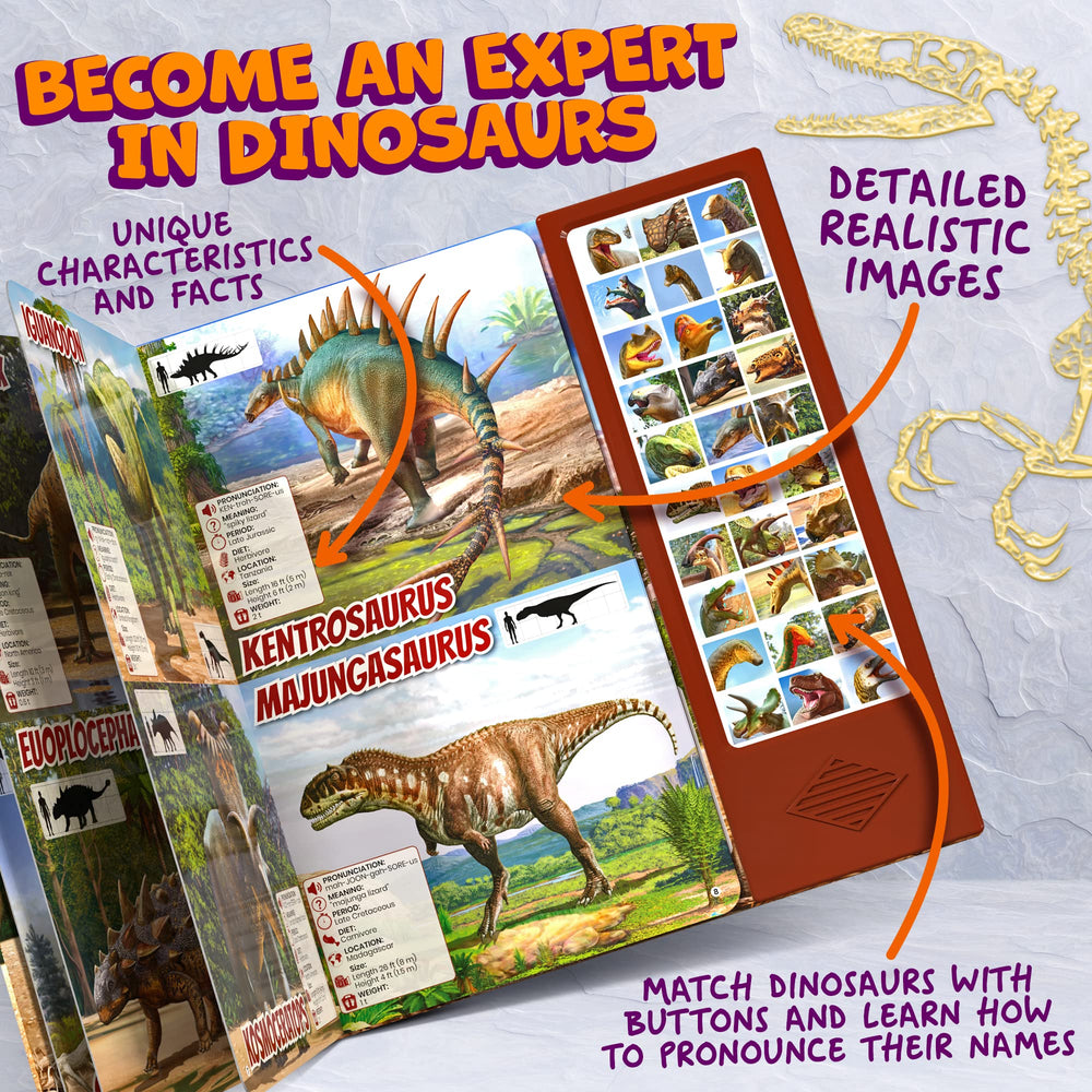 Hemalleon 30-dinosaur species chart helps kids learn names and facts.