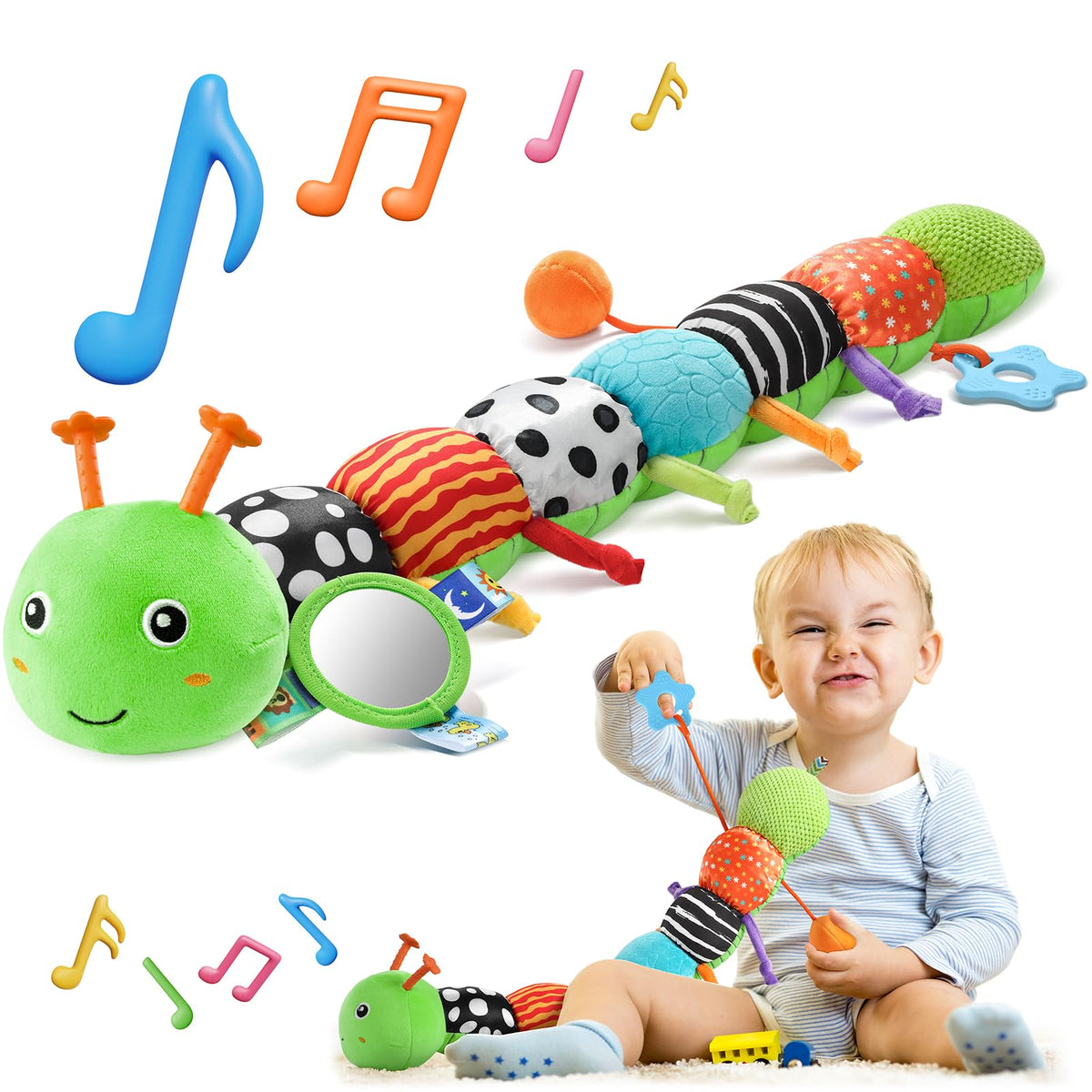 HEMRLY baby sensory caterpillar musical toy for soothing lullabies and tummy time