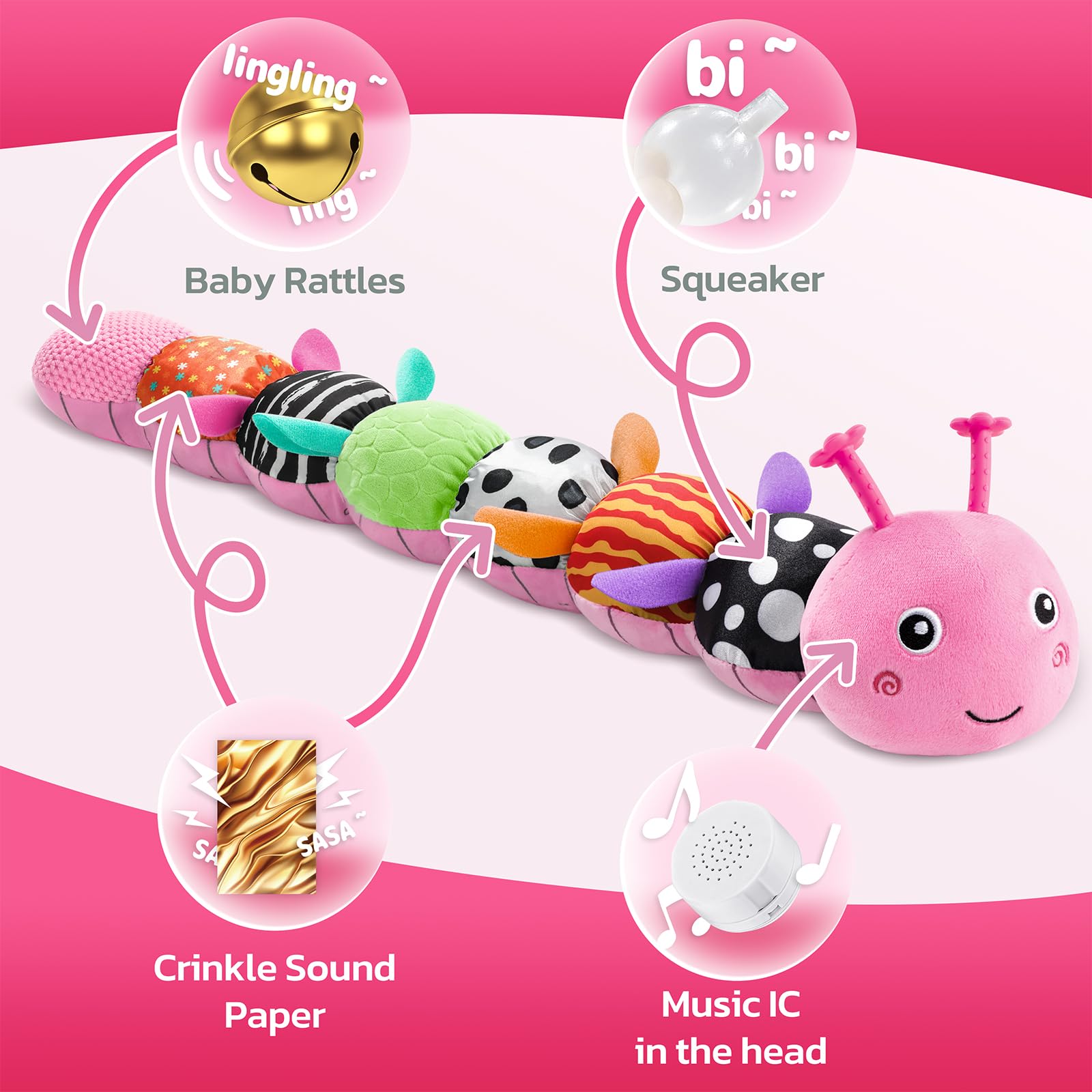 HEMRLY caterpillar back with squeaker and crinkle invites exploration