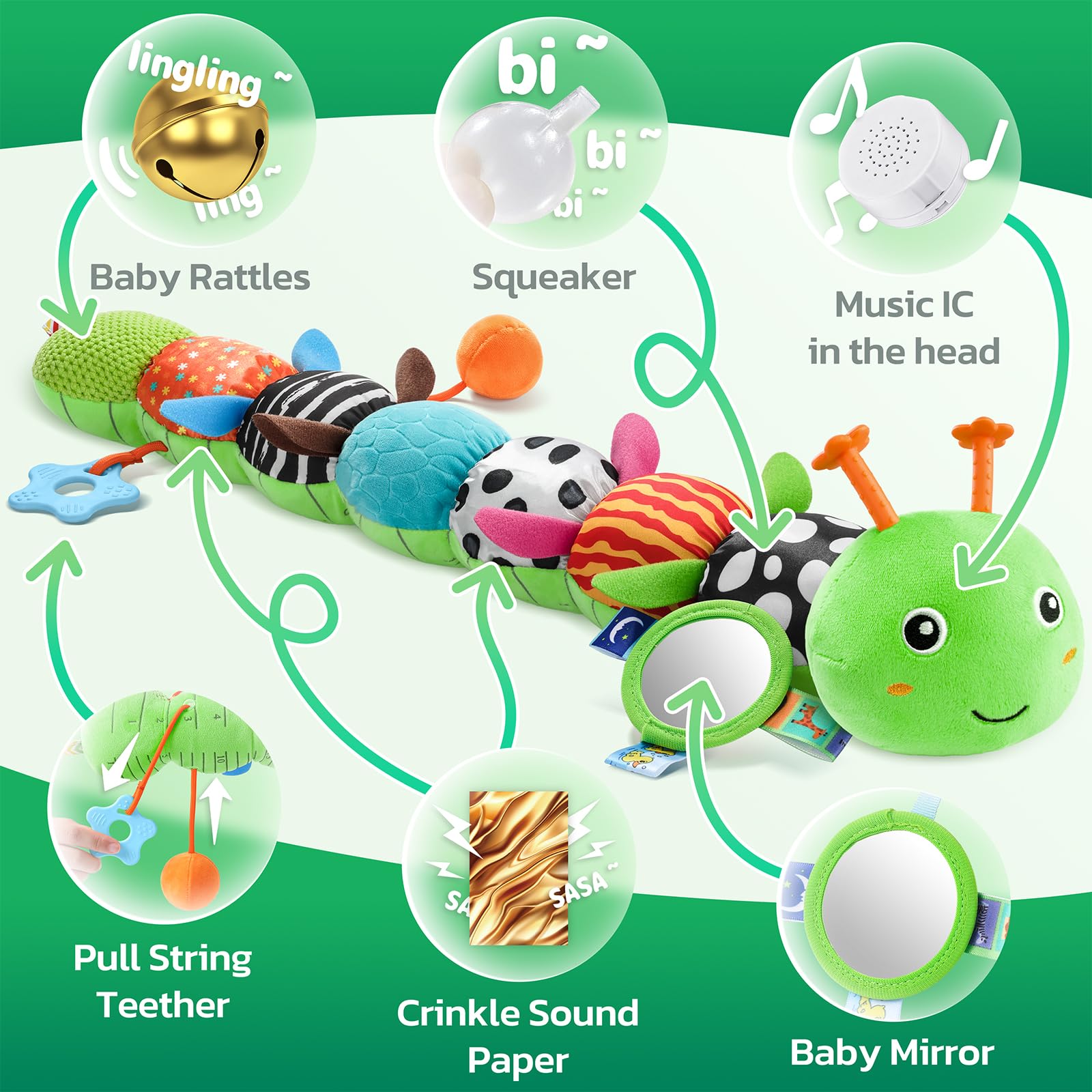 HEMRLY crinkle caterpillar section—textured fabric stimulates touch during lively play sessions.