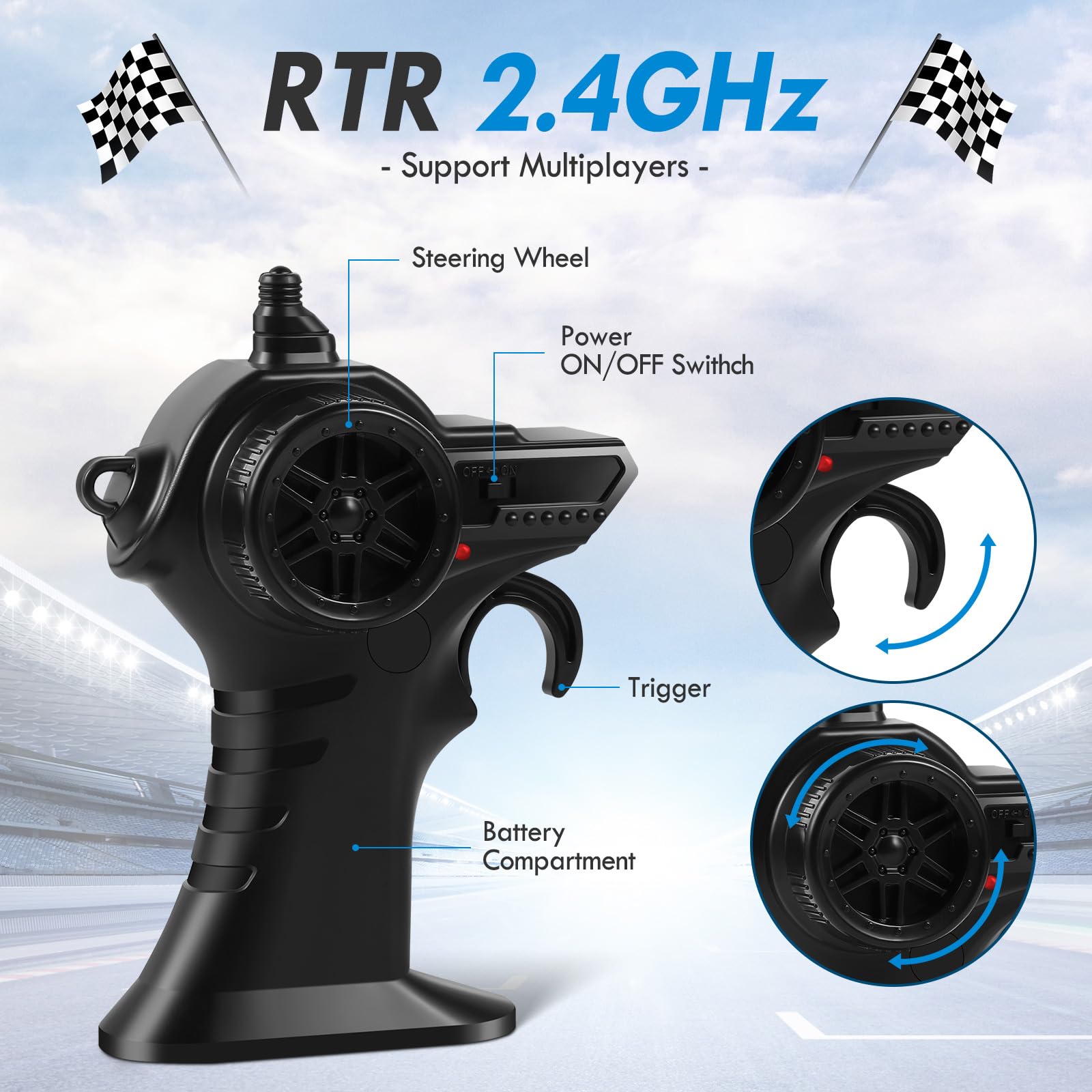 HENEROAR RC car includes two rechargeable batteries for longer play sessions.