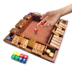 Hennaed Shut the Box board assembled for family play and quick addition practice.