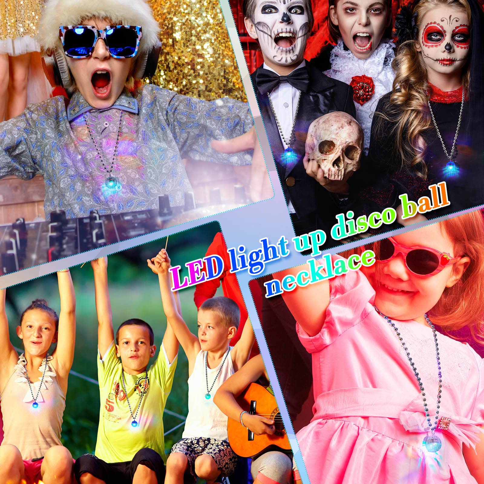 Henoyso LED disco ball necklaces showing color-changing lights for festive events.