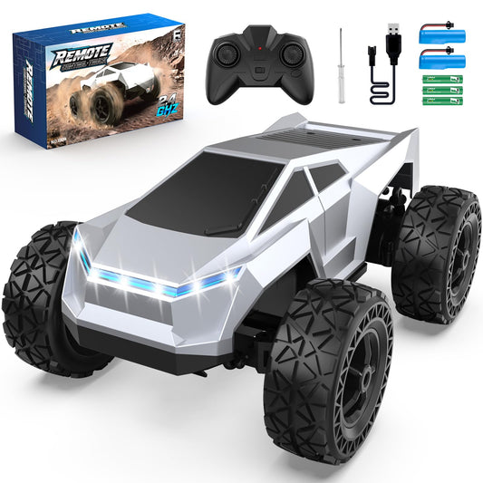 Hepoasky 1:18-scale RC car front view with LED lights for night play.