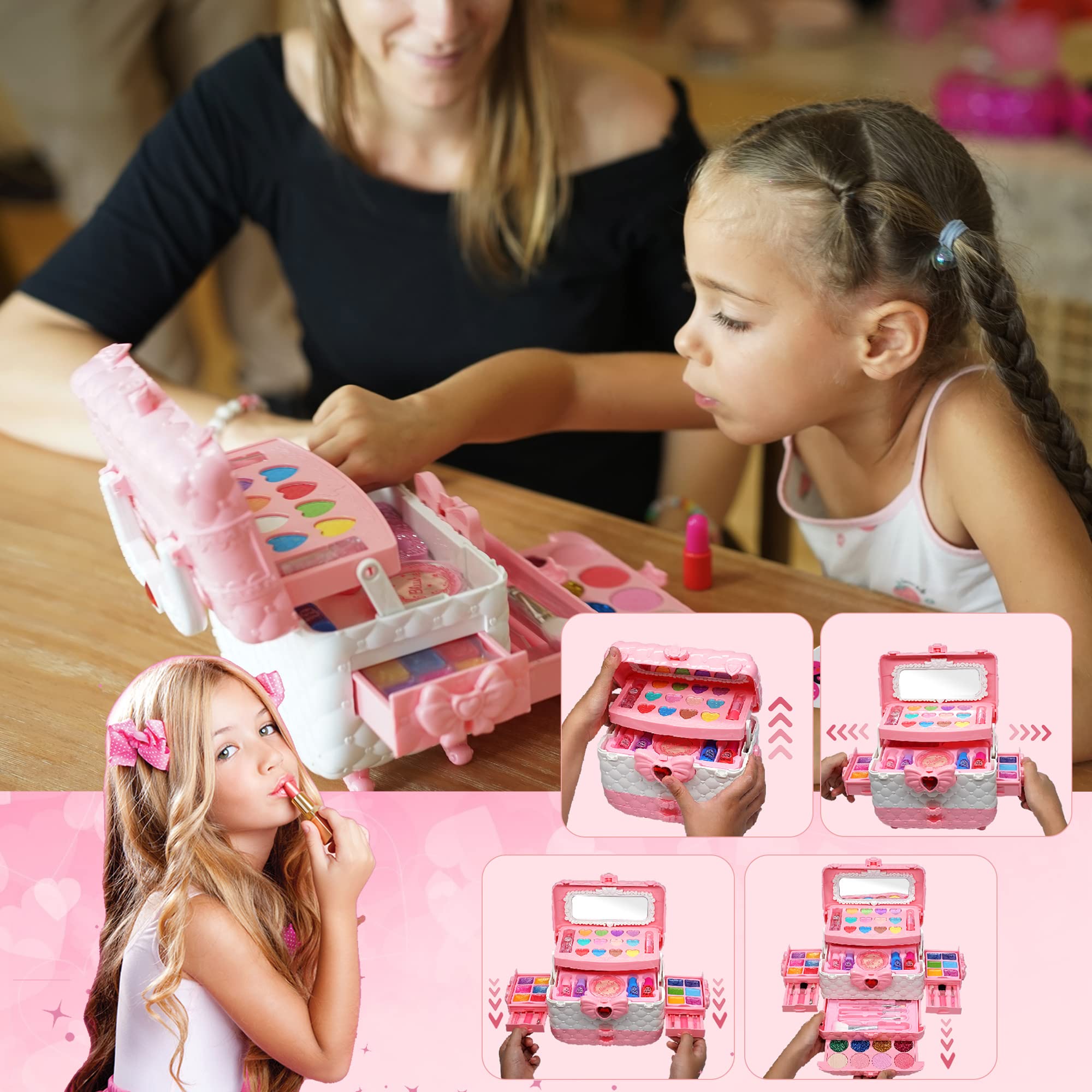 HERAPFANN cosmetic case with mirror and brushes for organized playtime.
