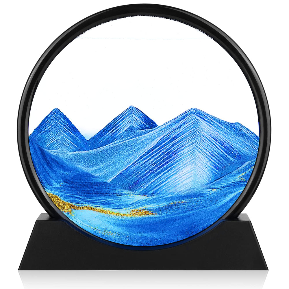 Herecanli Moving Sand Art blue round 7in, a calming desk centerpiece with changing patterns.
