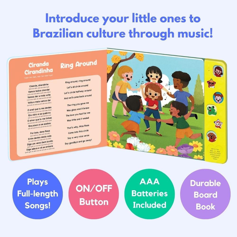 Heritage Kids Press I Love to Sing in Portuguese bright illustrations entice language learning.