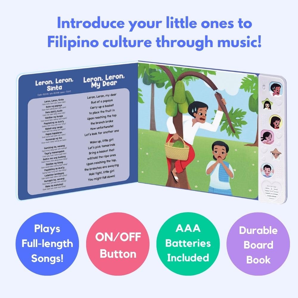 Heritage Kids Press I Love to Sing Tagalog open-page layout showing interactive buttons