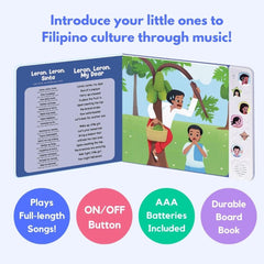Heritage Kids Press I Love to Sing Tagalog open-page layout showing interactive buttons