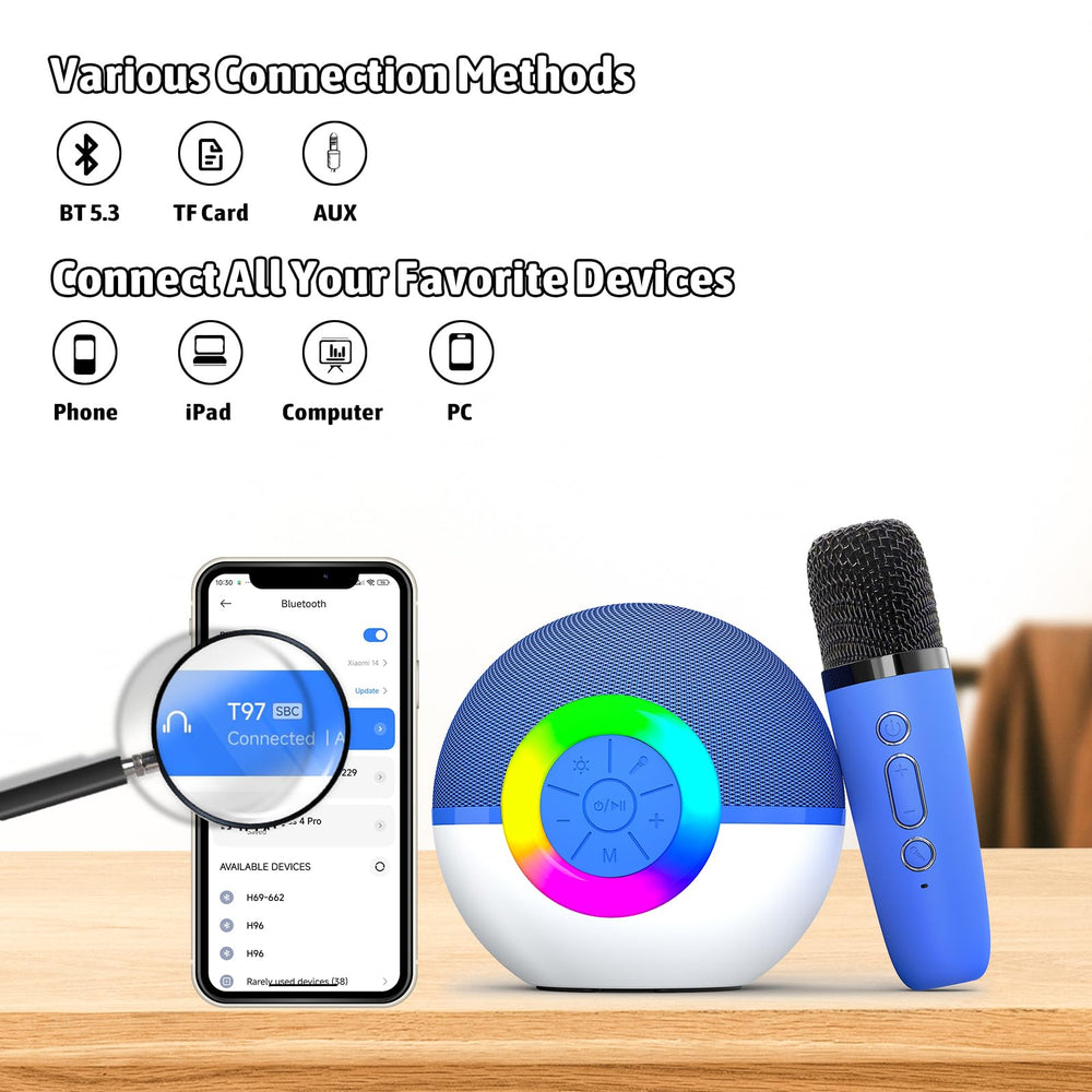 Heroange Karaoke Microphone Machine blue dancing lights showcase for party-friendly excitement.