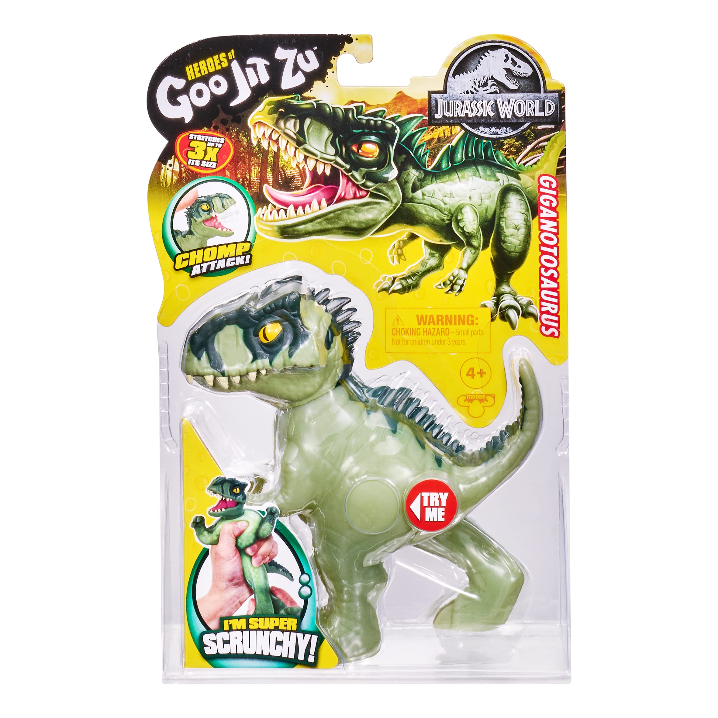 Heroes of Goo Jit Zu Jurassic World Giganotosaurus arms stretched for safe, stretchy play.