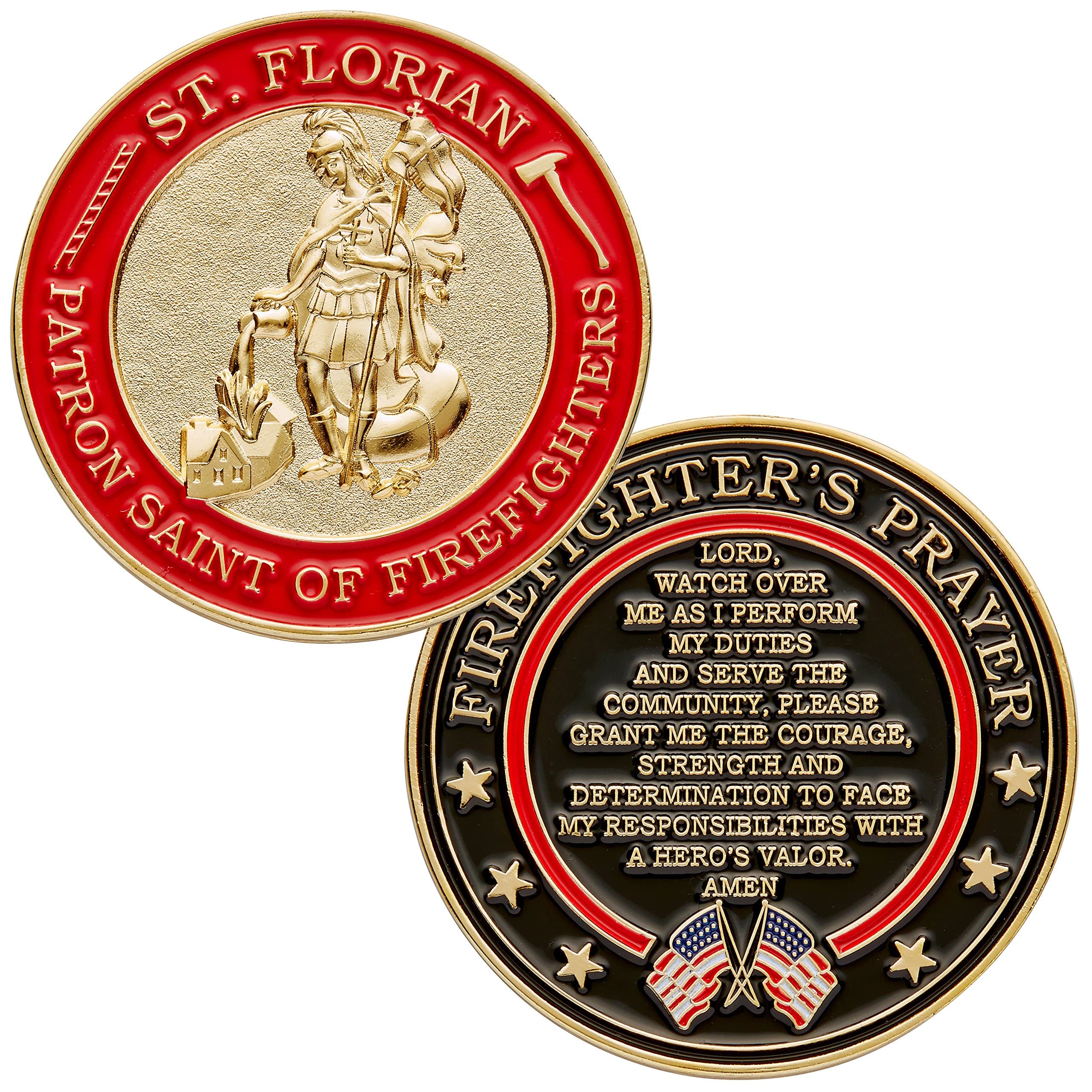 Hero's Valor St. Florian coin front displays patron saint, offering protection symbolism for firefighters and families.