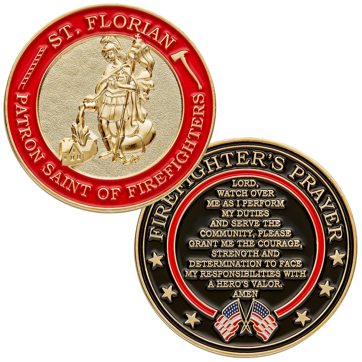 Hero's Valor St. Florian coin front displays patron saint, offering protection symbolism for firefighters and families.