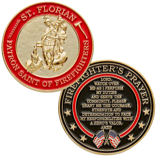 Hero's Valor St. Florian coin front displays patron saint, offering protection symbolism for firefighters and families.