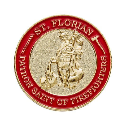 Hero's Valor St. Florian coin reverse highlights the thin red line, memorializing sacrifice and bravery.