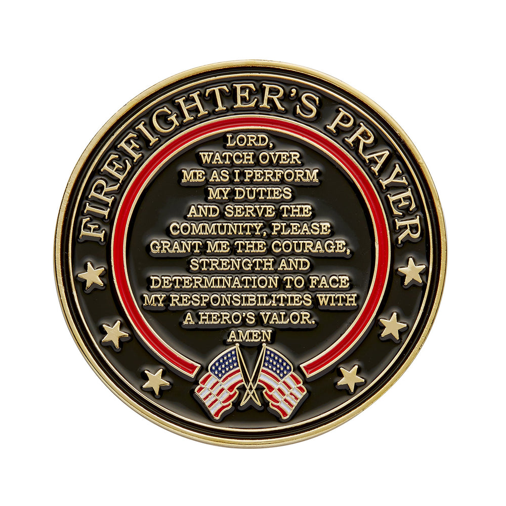 Hero's Valor St. Florian coin with protective pouch emphasizes durable finish and keepsake value.