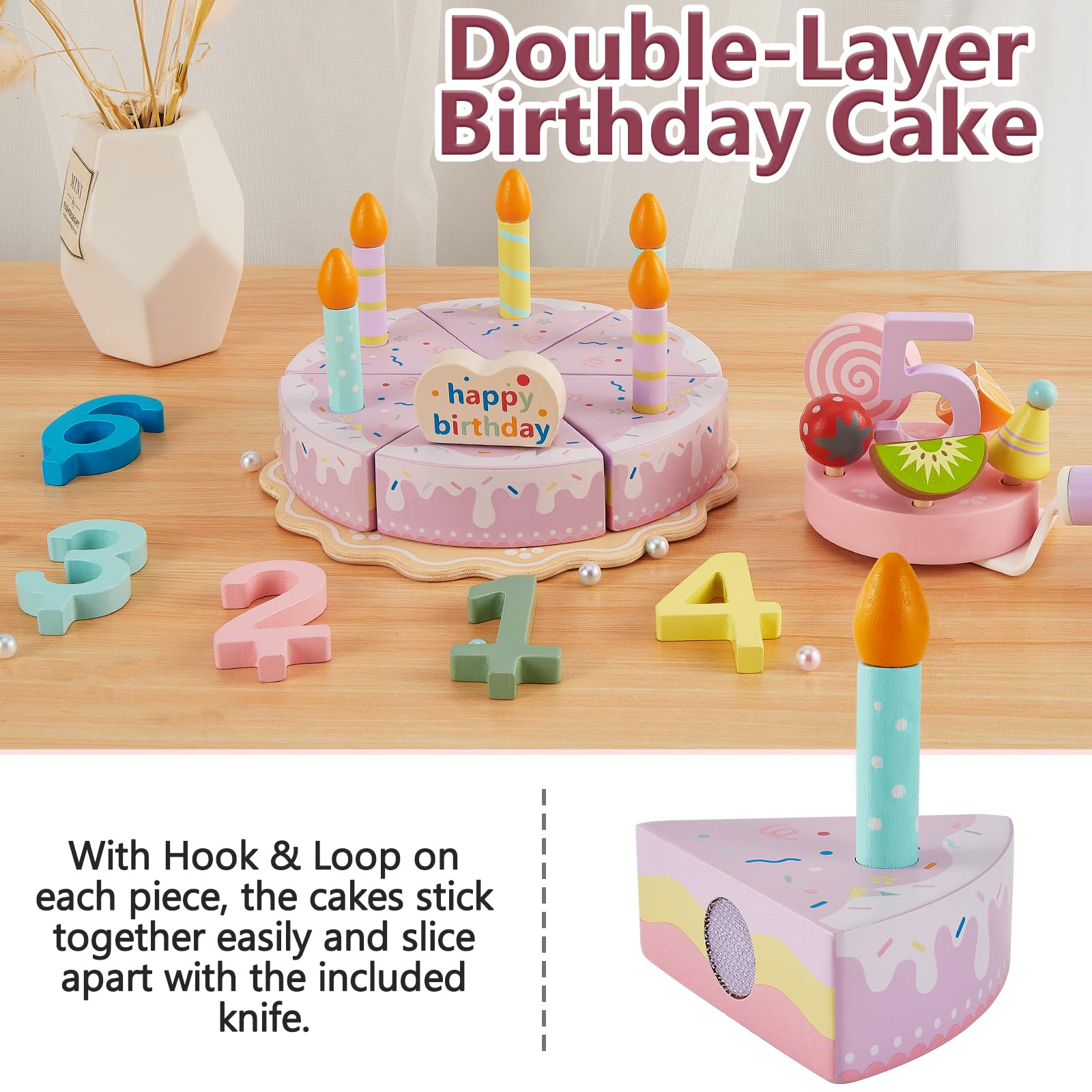 HERSITY wooden cake toy first-layer cake with slices for pretend party play