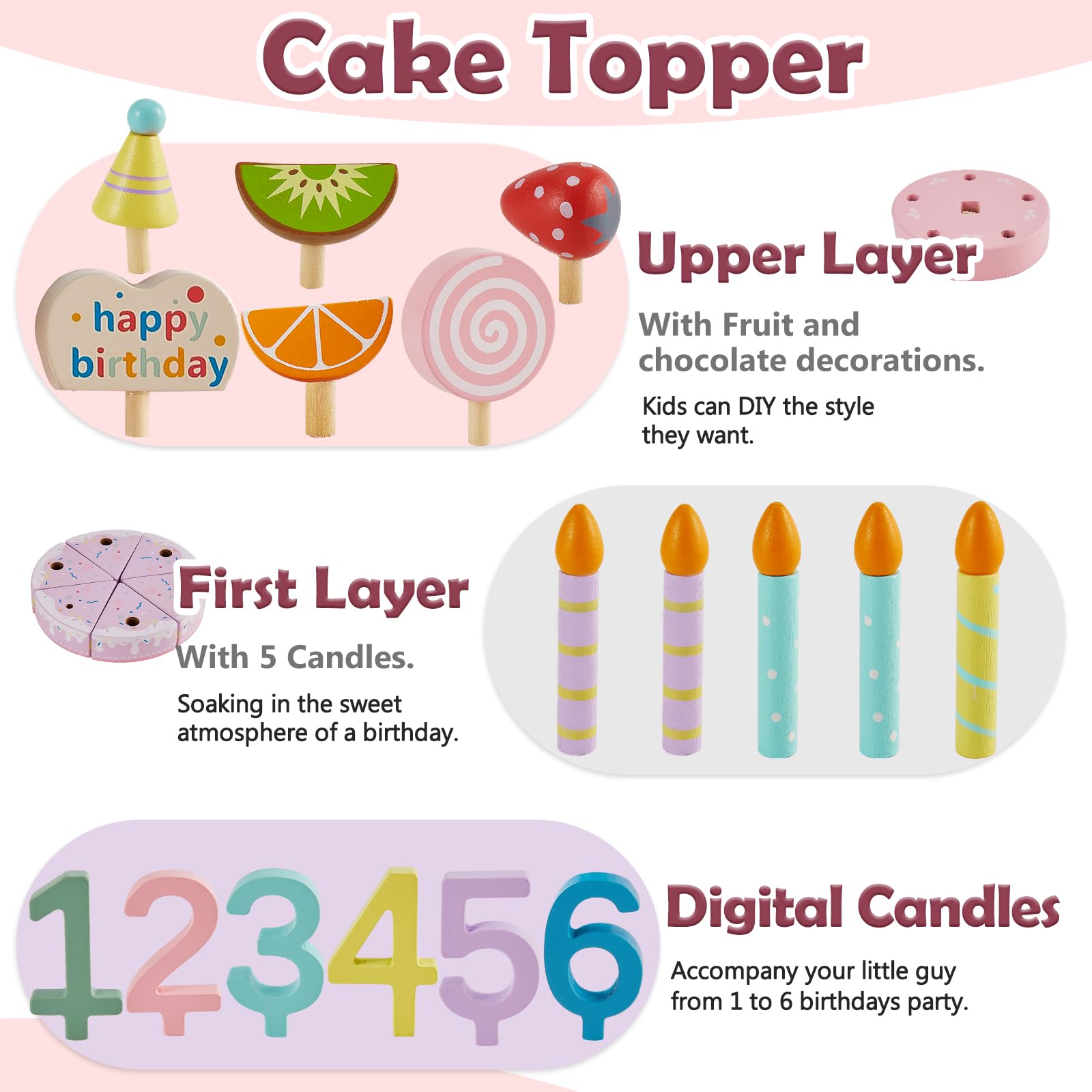 HERSITY wooden cake toy upper-layer cake with numbers and candles