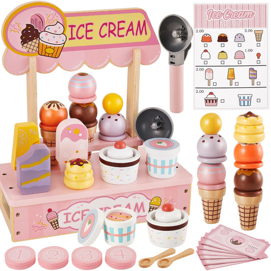 HERSITY wooden ice cream counter pink for imaginative play and pretend shopping