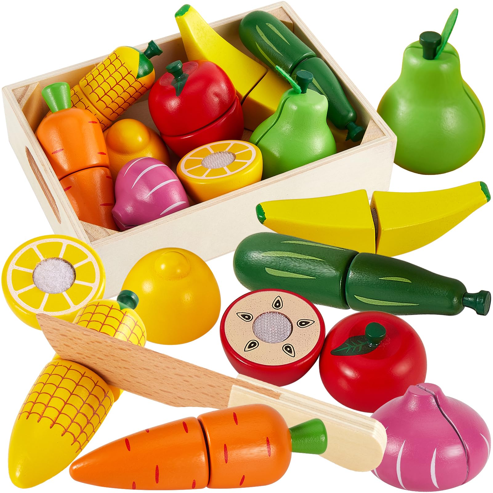 HERSITY wooden play food set with cutting fruits and vegetables for imaginative pretend play