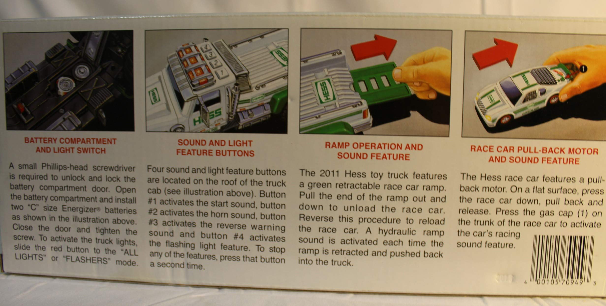 Hess 2011 toy truck pushbutton activation enables simple interaction.
