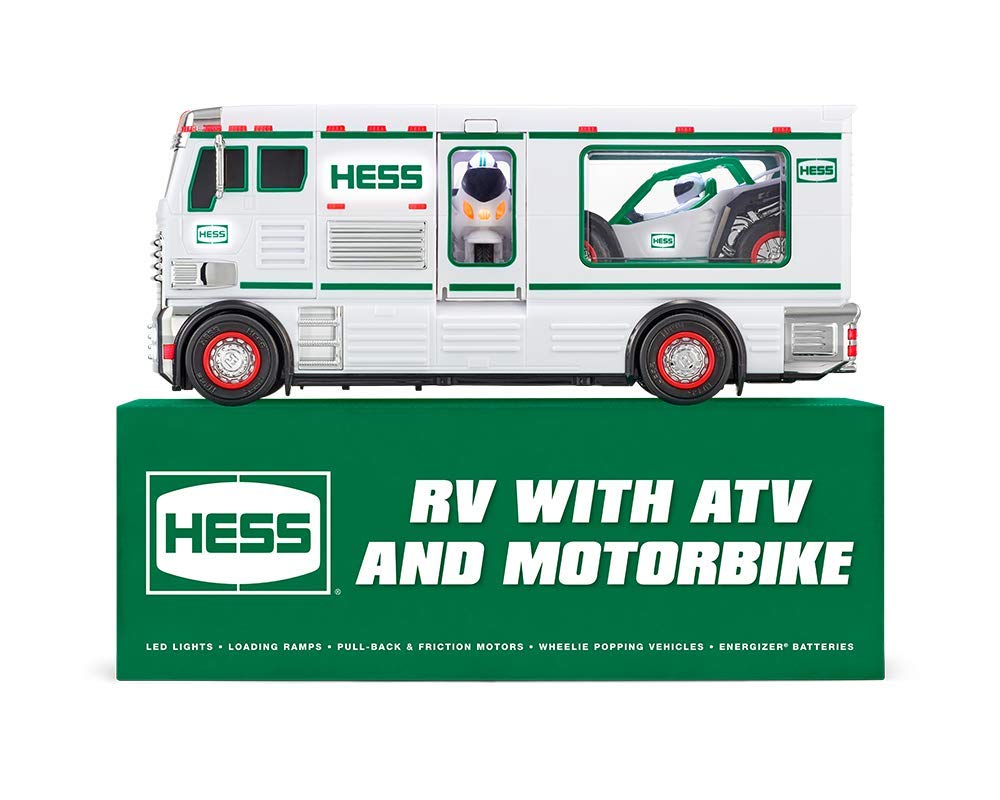 Hess 2018 toy truck RV with ATV and motorbike - front view with LED lights for holiday play