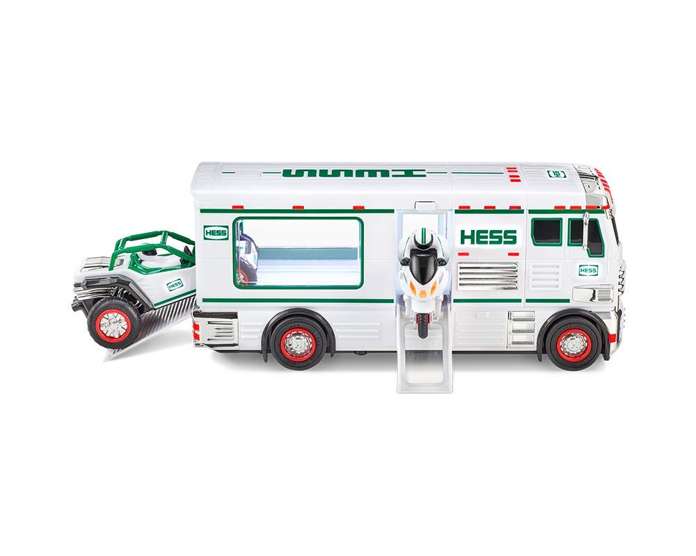 Hess 2018 toy truck RV with ATV and motorbike - packaging showcases 3-in-1 vehicle set