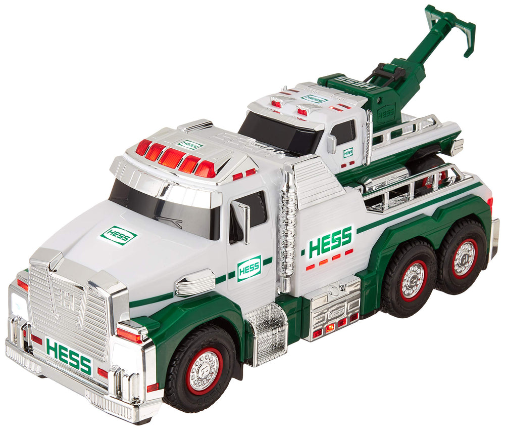 Hess 2019 tow truck with detachable flatbed ready for vehicle transport play.