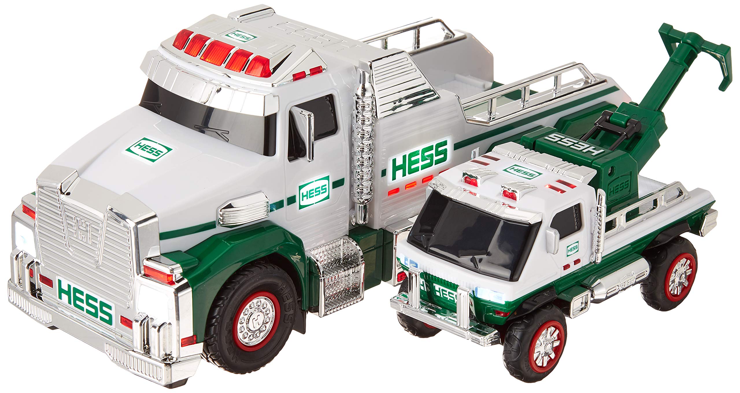 Hess 2019 Tow Truck Rescue Team with lights on for imaginative play.