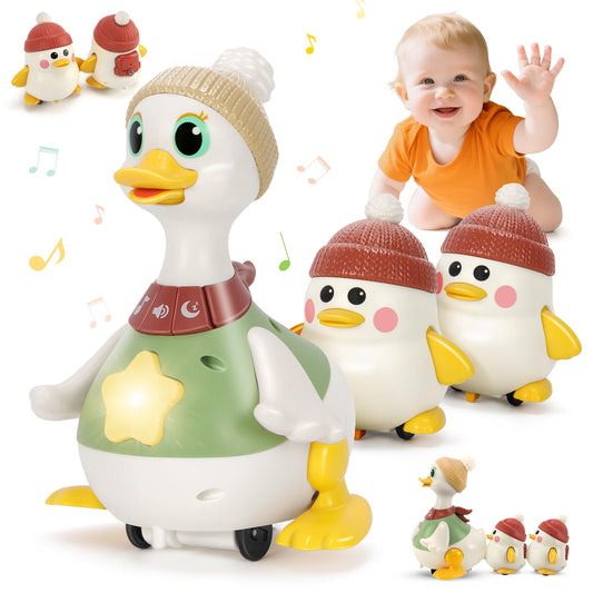 Hestiasko baby duck toy in GO mode crawls with lights, encouraging active exploration.
