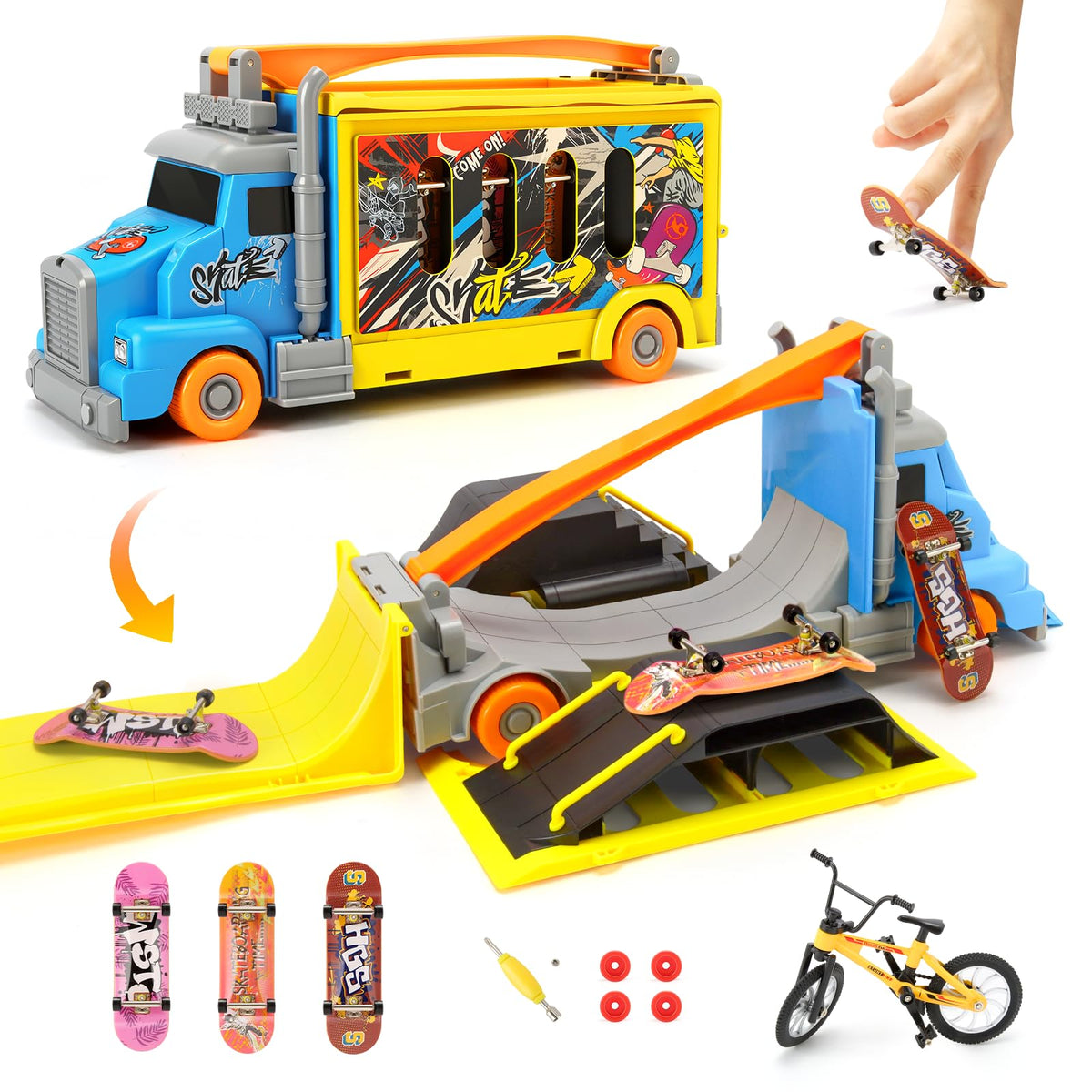 Hestiasko finger skateboard park truck folded for storage and portability.