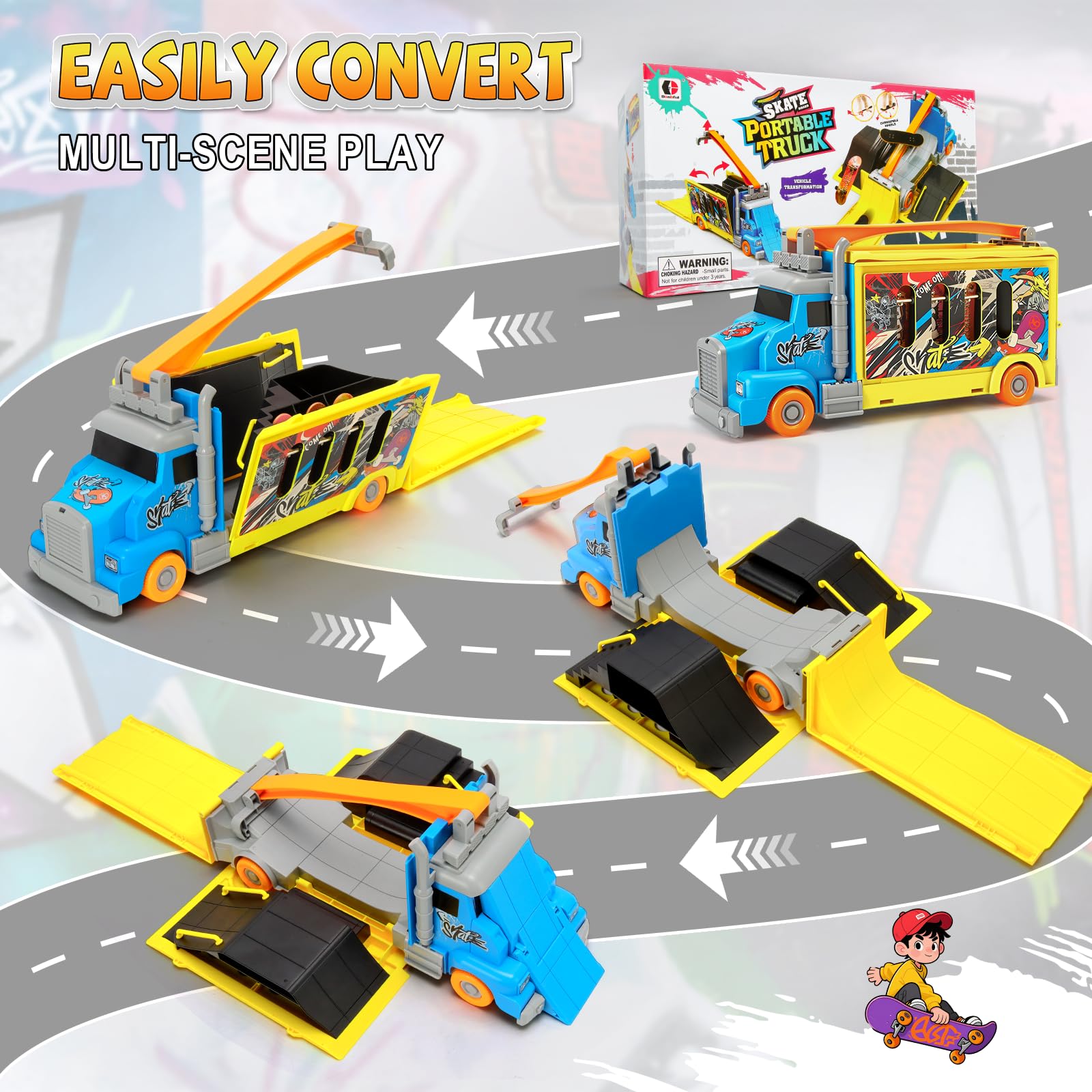 Hestiasko finger skateboard park truck open reveals multiple ramps for creative play.
