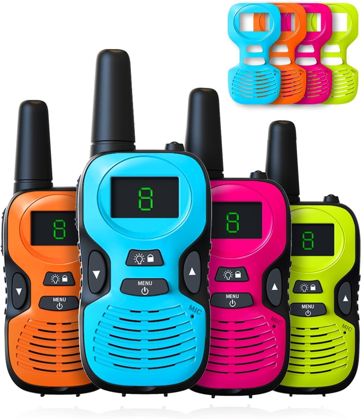 Hetyue kids walkie talkies four-pack with backlit display for easy use in low light