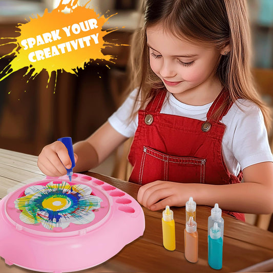 Hewaurorion kids painting during spin art action with bold colors.