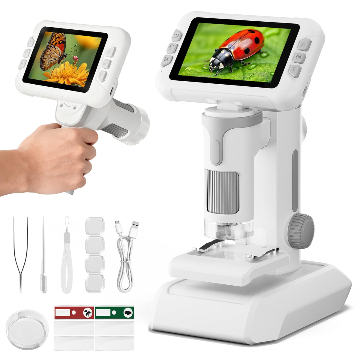 HEWEIMEI 1600x kids microscope with 4-inch screen for real-time observation.