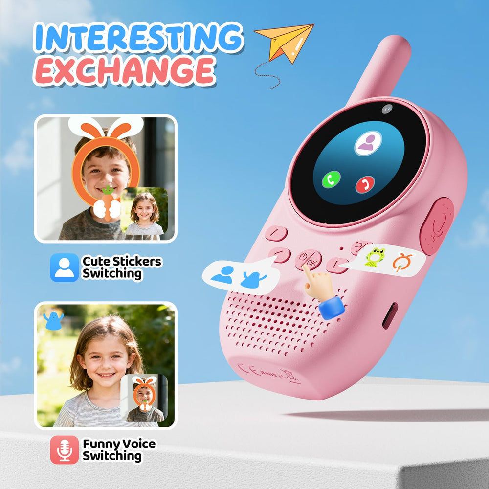HEWEIMEI video walkie talkies for kids provide indoor 100 ft and outdoor 1000 ft range.