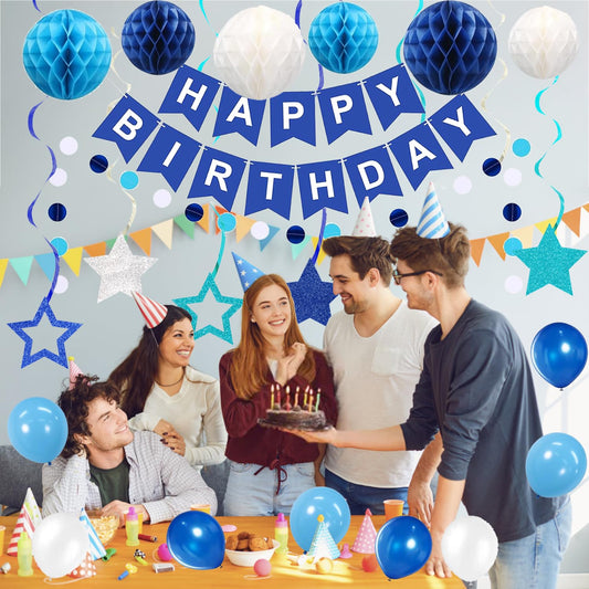 HEWUAUL blue happy birthday backdrop sets a festive scene for selfies.