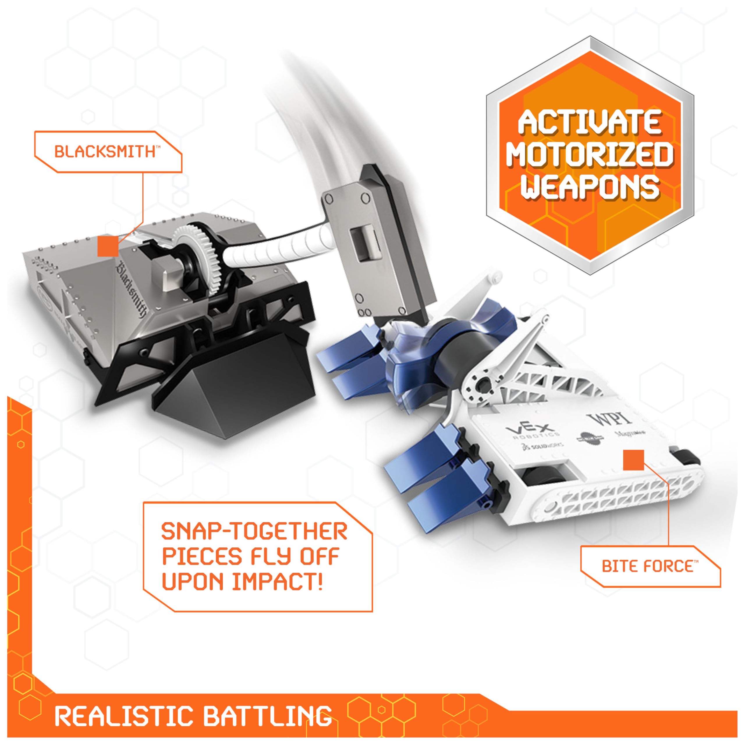 HEX BOTS Blacksmith robot with rugged chassis.