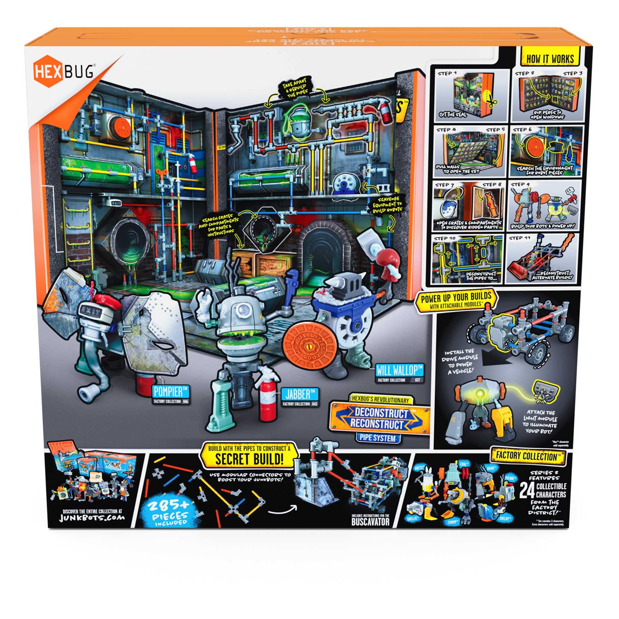 HEXBUG JUNKBOTS interlocking pipes enabling quick rebuilds in the factory habitat.