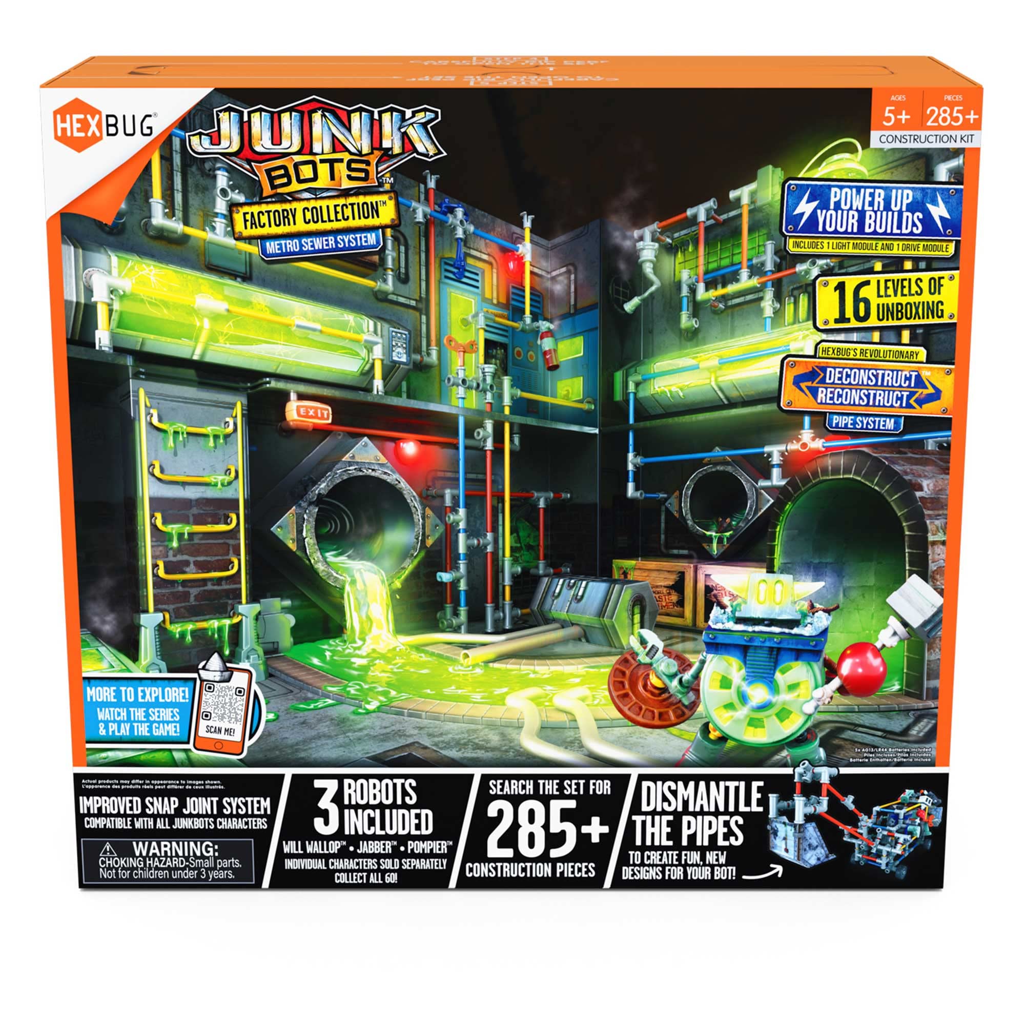 HEXBUG JUNKBOTS power modules illuminate and animate scenes during play.
