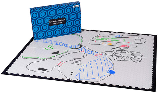 Hexers XL board shown as giant map folded for easy transport and play