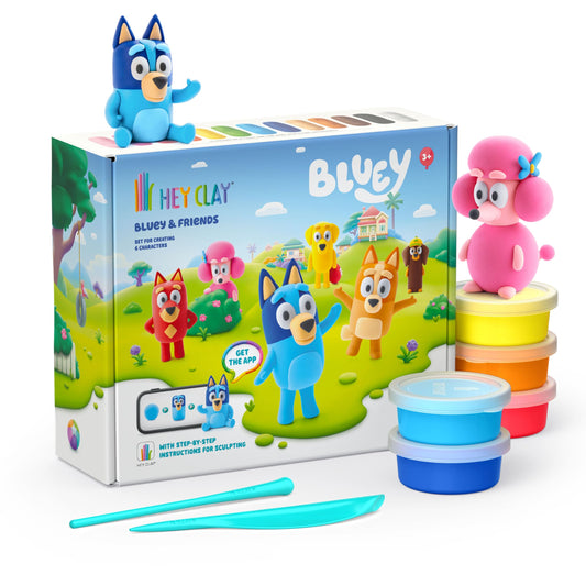 HEY CLAY Bluey and Friends figurines set ready to dry, inviting imaginative play.