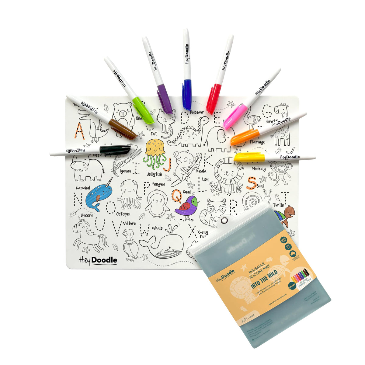 HeyDoodle Into The Wild mat featuring animal letters for early learning and alphabet play