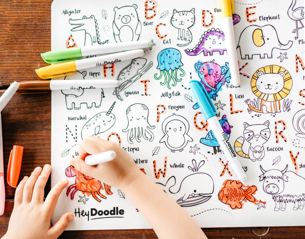 HeyDoodle travel-friendly toy shown in a backpack for on-the-go fun
