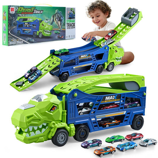Heygelo dinosaur truck toy with dual racing lanes for engaging cooperative play.