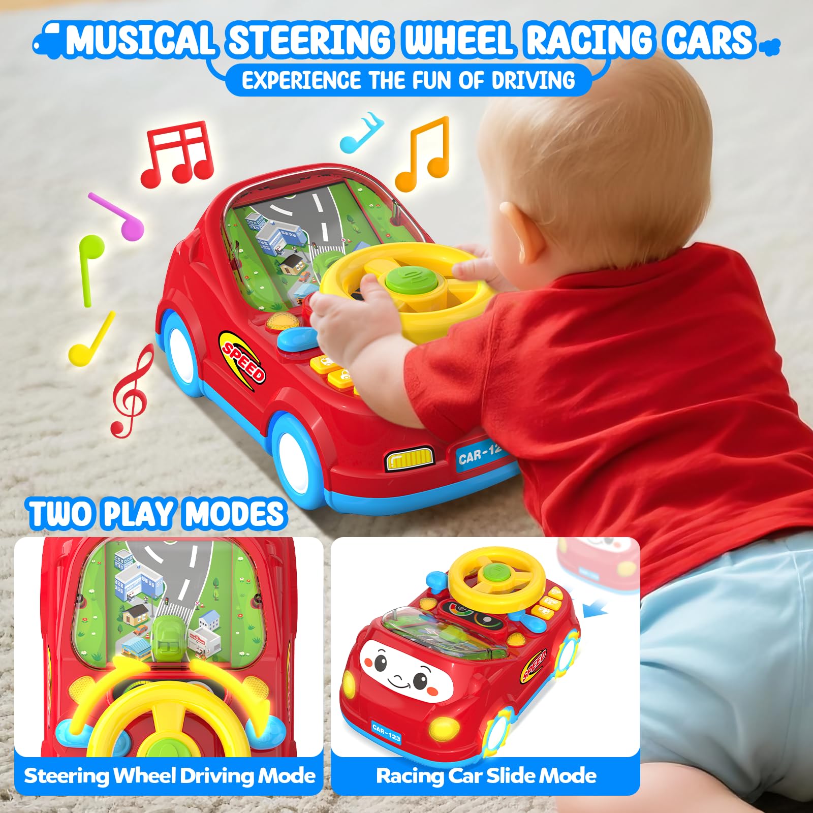Heygelo musical steering wheel close-up shows multiple sound options.