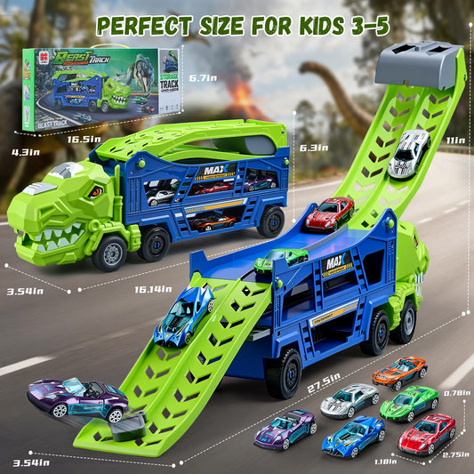 Heygelo transporter truck with six die-cast cars ready for action.